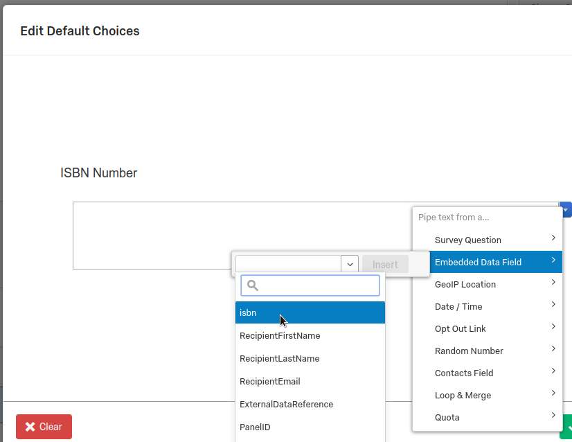 Piped Text dropdown showing isbn highlighted.