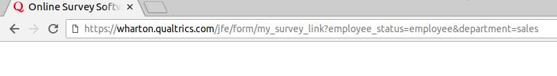 URL bar that reads: https://wharton.qualtrics.com/jfe/form/my_survey_link?employee_status=employee&department=sales