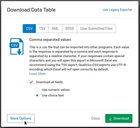 Download Data Table window with the More Options button focussed.