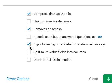 The Export viewing order data for randomized surveys option is checked.