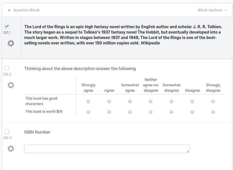 A survey showing a three question block. The first is a description of a book, the send is matrix statements about the book, and the third is an ISBN number essay question.