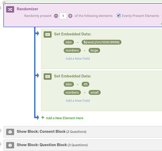 A randomizer element with two embedded data options to set random isbn number.