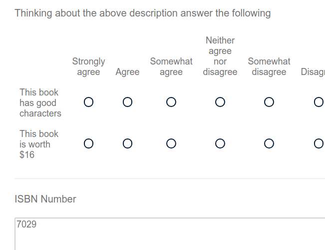 Participants view of the survey with ISBN question showing.