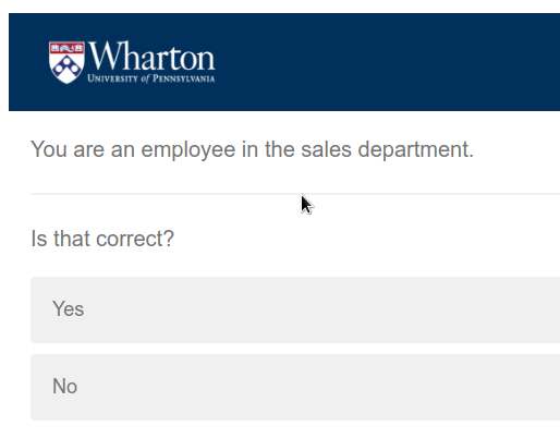 A survey being taken displays the text: "You are an employee in the sales department. Is that correct?"