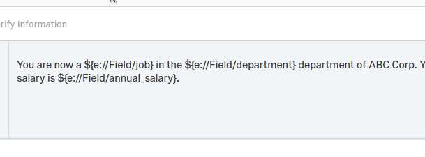 Shows question text with piped variables for each job, department, and annual_salary.