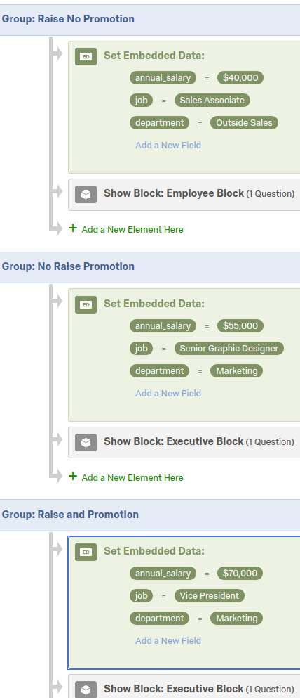 Shows each group block of the Randomizer populated with variables and either executive or employee blocks.