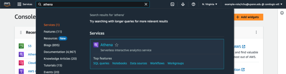 Figure 1. Type "Athena" into the search bar and select the Athena service to access the Athena web console.